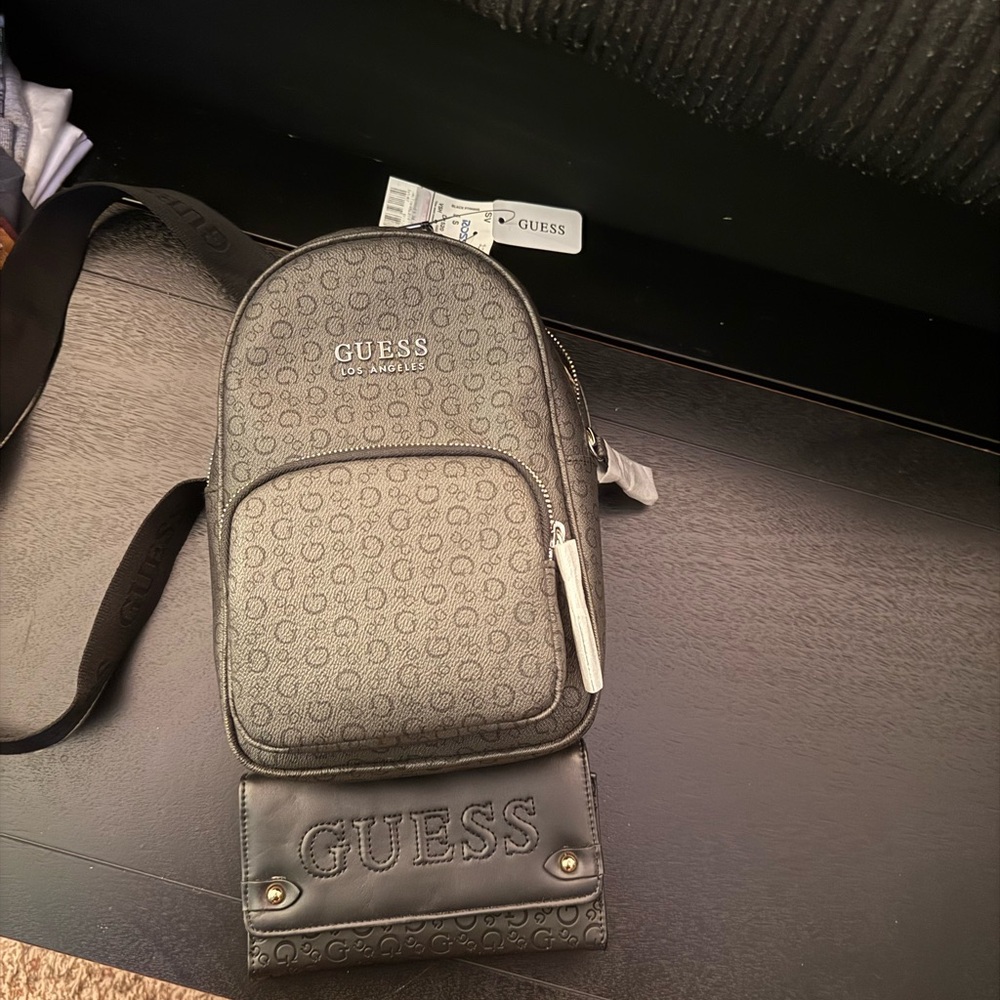 GUESS Gray Bag with Logo Pattern and wallet.